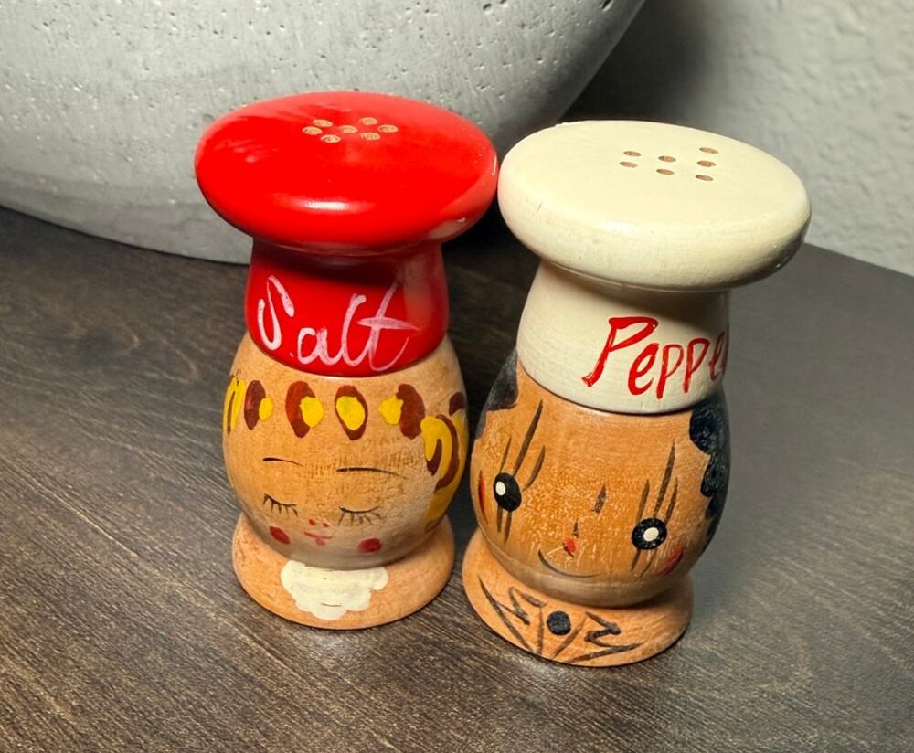 Vintage 1950's-60's Chef Salty and Peppy Wood Shakers Painted Made in Japan
